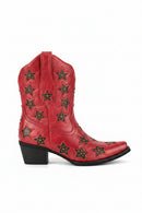 Red cowboy boot with star patterns on a white background, Obroi