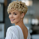 Woman with styled blonde hair smiling outdoors, Obroi