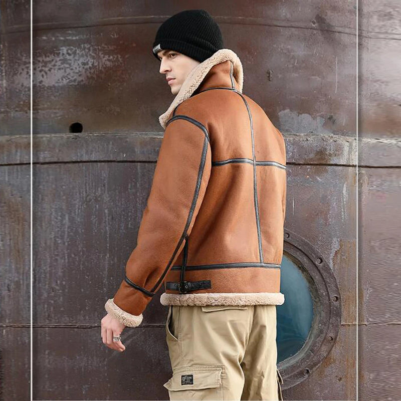 Men Shearling Jacket Brown Leather Short Wool Coat Aviation Jacket For Men