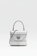 Silver handbag with a heart-shaped clasp on a light gray background, Obroi