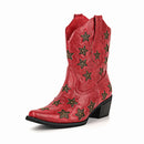 Red cowboy boot with star patterns on a white background, Obroi