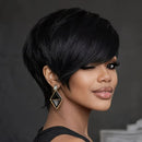 180% Density Glueless Human Hair Pixie Wig 6 Inch Straight Layers Long Swoopy Bangs Natural Black