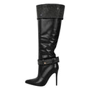 Black knee-high boot with studded details on a white background, Obroi