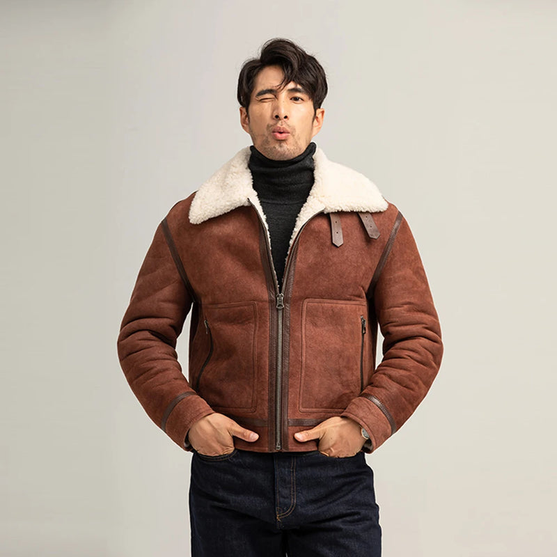 Men's Reddish Brown Shearling Jacket Air Force Flight Jacket Shearling Jacket