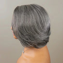 A short, layered bob wig with straight, sleek gray hair, shown from a side-back angle on a mannequin head against a plain beige background, Obroi
