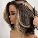 5x5 Lace Gold Blonde Highlight Bob Wig Human Hair Bone Straight 1B Black Glueless Wig  Wear and Go Pre Plucked