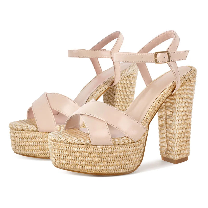Women Open Toe Platform Cane Buckle Strap Heeled Summer Sandals