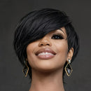 180% Density Glueless Human Hair Pixie Wig 6 Inch Straight Layers Long Swoopy Bangs Natural Black
