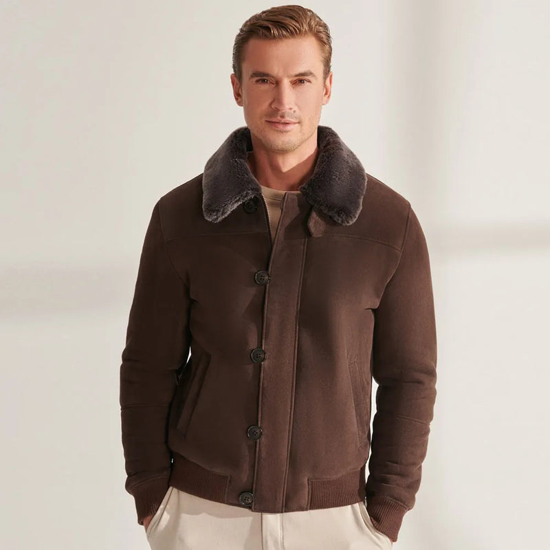 Men's Brown Shearling Jacket Men Shearling Bomber Jacket Short Coat