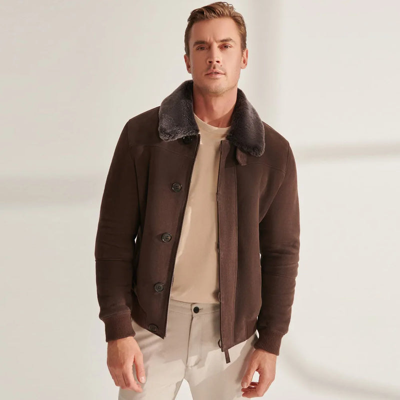 Men's Brown Shearling Jacket Men Shearling Bomber Jacket Short Coat