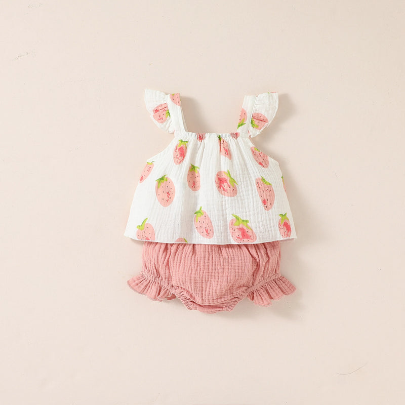 Baby Girl Printing Strawberry Sleeveless Top And Shorts Active Summer Suit