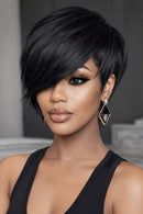 180% Density Glueless Human Hair Pixie Wig 6 Inch Straight Layers Long Swoopy Bangs Natural Black