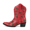 Red cowboy boot with star patterns on a white background, Obroi
