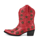 Red cowboy boot with star patterns on a white background, Obroi