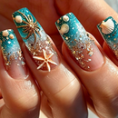 Close-up of a hand with long coffin-shaped nails decorated with a turquoise and nude gradient, glitter, seashell motifs, and starfish details, Obroi