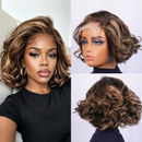 Three-panel collage showing a short curly wig on a model and on a mannequin. The left panel shows the model wearing the wig, with a black top and gold hoop earrings visible, Obroi