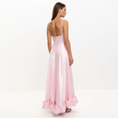 Pink Satin Square Neck Spaghetti Strap Ruffle Hem Floor Length Evening Gown Elegant