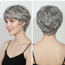 Woman with styled silver hair from front and back views on a plain background, Obroi