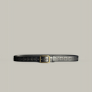 Black leather belt with gold buckle on a light gray background, Obroi