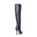 Navy blue knee-high boot with a high heel on a white background, Obroi