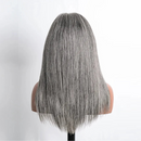 A straight, shoulder-length gray wig with subtle silver highlights, displayed on a mannequin head against a plain white background, Obroi