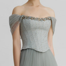 Elegant Off The Shoulder Mint Green Evening Dresses Diamond Corset Flowing Tulle Skirt