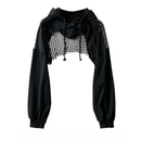 Women's Hollow Out Mesh Splice Hoodie Loose Outerwear Chic Sheer Sweatshirt Top