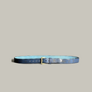 Blue leather belt with a gold buckle on a gray background, Obroi