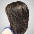 A layered, shoulder-length hairstyle with dark brown and subtle ash blonde highlights, shown from a side-back angle on a model wearing a blue top against a neutral gray background, Obroi