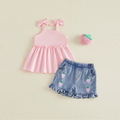 0-4Y Lovely Baby Girls Summer Clothes Sets Tank Tops with Strawberry Embroidery Denim Shorts 2Pcs