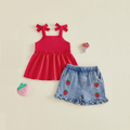 0-4Y Lovely Baby Girls Summer Clothes Sets Tank Tops with Strawberry Embroidery Denim Shorts 2Pcs