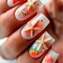 Close-up of a hand with manicured nails featuring a starfish and seashell nail art design on a white base with glitter and colorful accents, Obroi