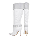 White knee-high boots with rhinestone detailing on a white background, Obroi