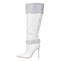 White knee-high boot with crystal embellishments on a white background, Obroi