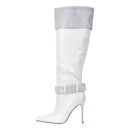 White knee-high boot with crystal embellishments on a white background, Obroi
