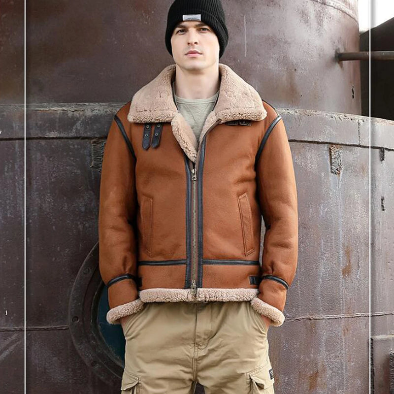 Men Shearling Jacket Brown Leather Short Wool Coat Aviation Jacket For Men