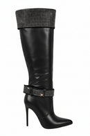 Black knee-high boot with studded details on a white background, Obroi