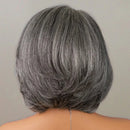Back view of a short layered bob wig with silver-gray and dark gray hair, shown on a mannequin against a plain light gray background, Obroi