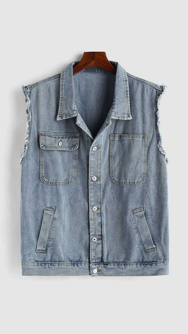 Men Tooling Jean Vest Streetwear Sleeveless Cargo Vest Solid Turn-down Collar Jacket Gilet Denim Waistcoat with Pockets