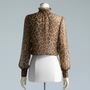 Women Leopard Mesh Tops Stand Neck Long Sleeve Ruffles Blouses Elegant T-shirt Female Tops