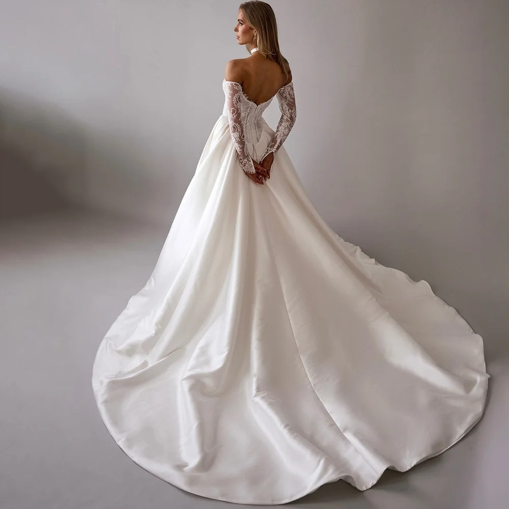 Lace Wedding Dress A-Line Off Shoulder Applique Long Sleeve Bridal Gow