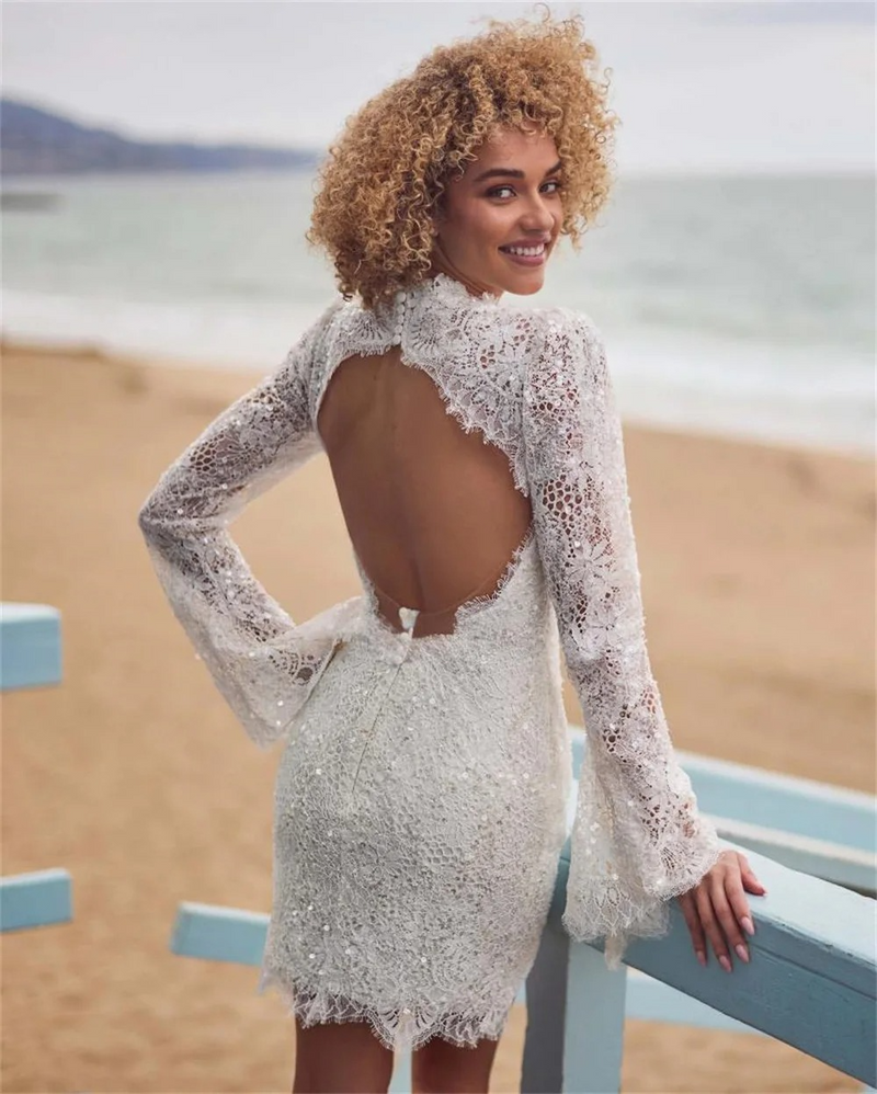 Beautiful high Neck Full Sleeves Full Lace Short Sheath Wedding Dresses Cut Back Bridal Grown