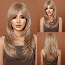 Long Blonde Layered Wigs With Curtain Bangs Light Blonde Straight Wig Natural Women Wavy Hair Daily Party