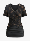 Tie Dye Flower Crossover Tops Lace Trim Grommet T-shirts Women Casual Tees