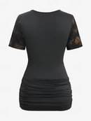 Tie Dye Flower Crossover Tops Lace Trim Grommet T-shirts Women Casual Tees