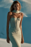 Enchanting Strapless Corset Mint Dress with Floaty Scarf for High-Profile Events Evening Gown