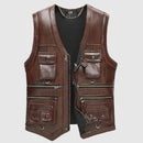 Autumn Winter Leather Vest Men Waistcoat Steampunk Sleeveless Motorcycle Jackets Casual Multiple Pockets Coat