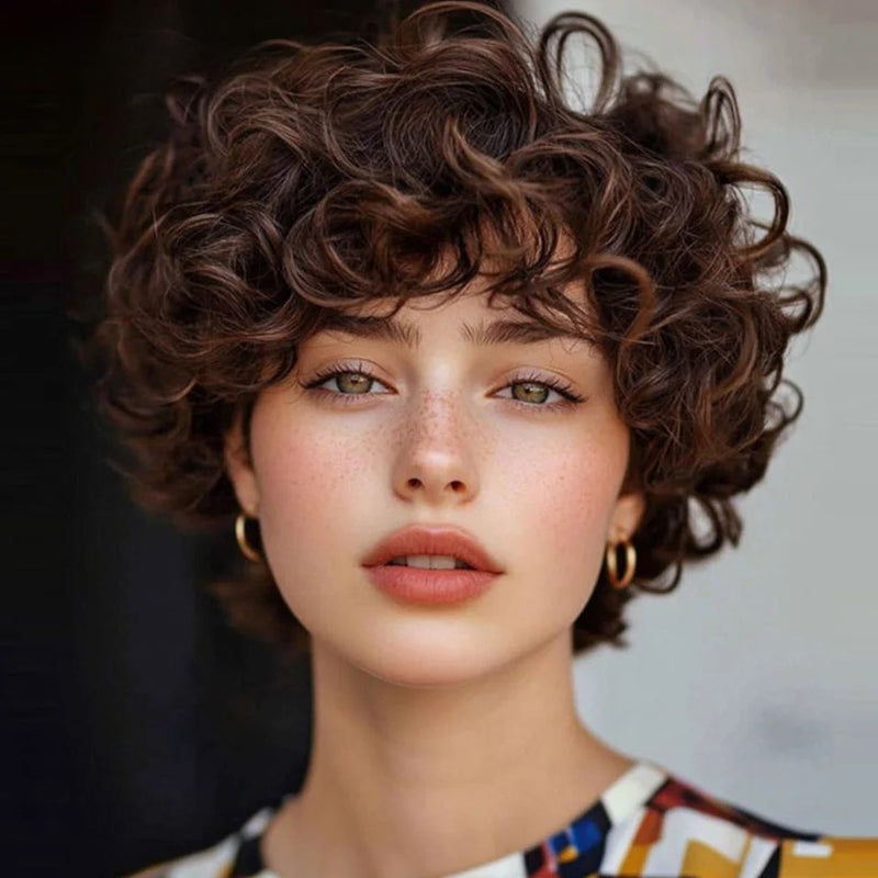 Brown Short Pixie Cut Curly Bob Hair Wigs For Women Hair