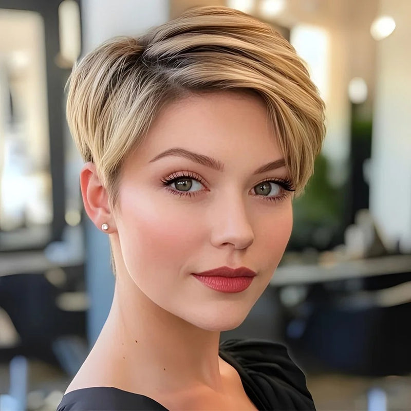 Short Pixie Cut Straight Bob C Part Lace Human Hair Wig For Women Hair Glueless Wigs
