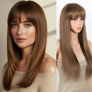 Brown Long Straight Human Hair Wigs With Bangs For Women Hair